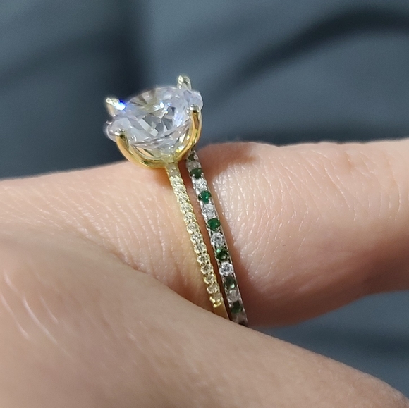 Green Clear Zircon Pave Sterling Silver Band Stackable Diamond Emerald Eternity - Picture 2 of 16